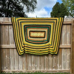 Vintage 70's Handmade Blanket Knit Square Mod Green Yellow Brown Crochet Fall